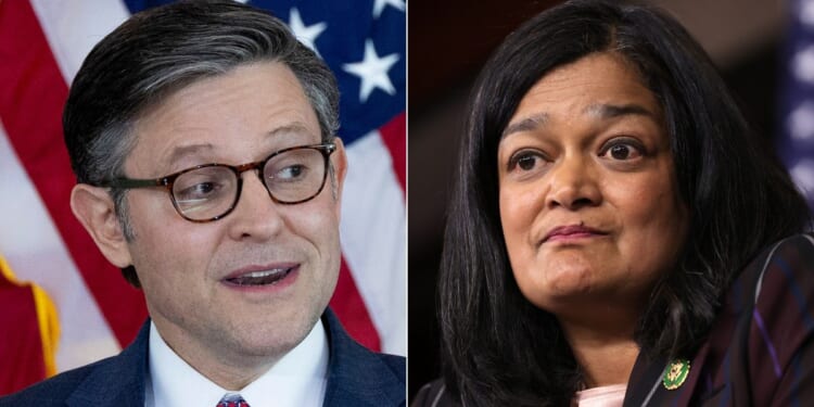 House Democrats - including Rep. Pramila Jayapal, right - are speaking out after Speaker Mike Johnson, left, scheduled a vote on the Antisemitism Awareness Act for Wednesday.