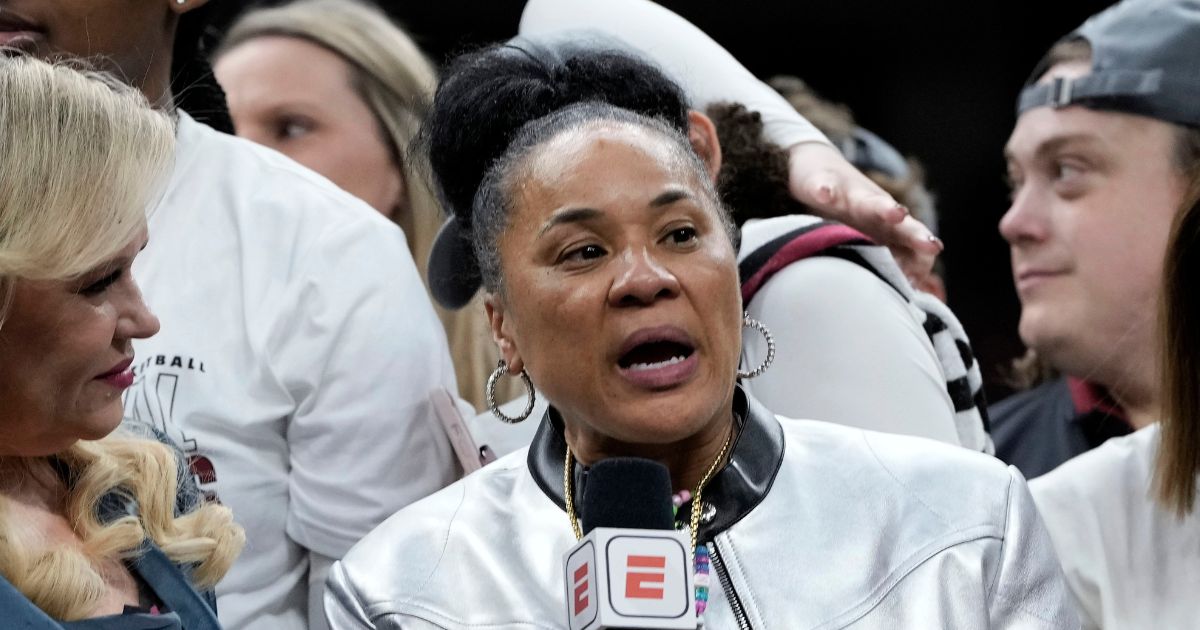 South Carolina head coach Dawn Staley being interviewed