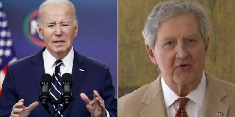 President Joe Biden, left; Louisiana Sen. John Kennedy, right.