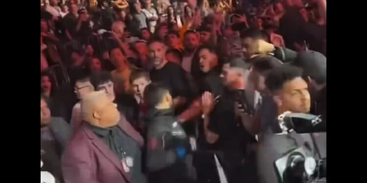 Ultimate Fighting Championship fighter Arman Tsarukyan lunges into the crowd before his fight at UFC 300 in Las Vegas on Saturday.