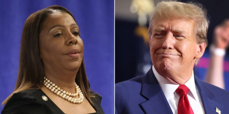 At left, New York Attorney General Letitia James arrives for a news conference following a verdict against former U.S. President Donald Trump in a civil fraud trial in New York City on Feb. 16. At right, Trump speaks during a rally in Green Bay, Wisconsin, on April 2.