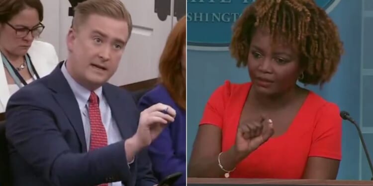 During Tuesday's White House daily briefing, Fox News correspondent Peter Doocy, left, questioned White House press secretary Karine Jean-Pierre, right, over the difference between former President Donald Trump and President Joe Biden using the term "bloodbath."