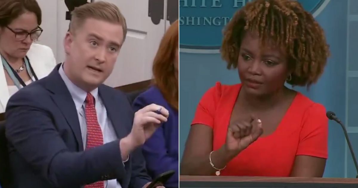 During Tuesday's White House daily briefing, Fox News correspondent Peter Doocy, left, questioned White House press secretary Karine Jean-Pierre, right, over the difference between former President Donald Trump and President Joe Biden using the term "bloodbath."