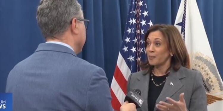 Vice President Kamala Harris is shown during an interview Thursday in North Carolina with Tim Boyum, of Spectrum News.