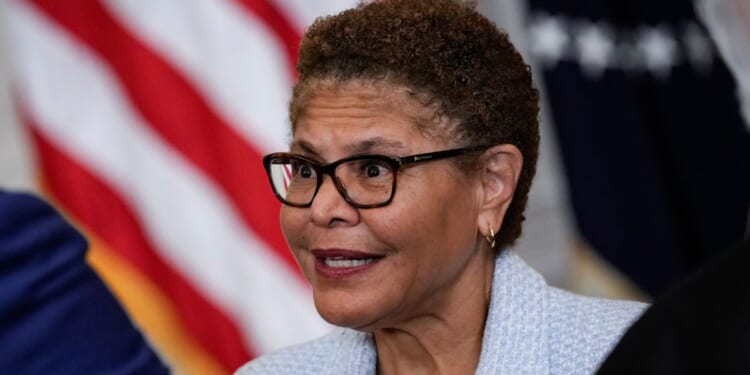 Los Angeles Mayor Karen Bass attends a meeting in the East Room of the White House in Washington on Jan. 19.