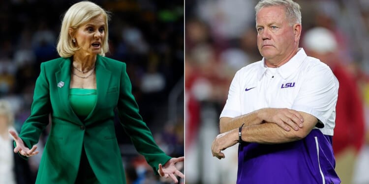 LSU football coach Brian Kelly, right, offered his opinion after LSU women's basketball coach Kim Mulkey, left, and her team were noticeably absent from the court during the playing of the national anthem on April 1, ahead of their game against the University of Iowa.