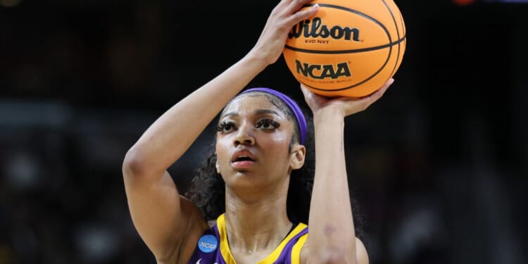 Angel Reese of the LSU Tigers shoots the ball during the first half against the Iowa Hawkeyes in the Elite 8 round of the NCAA Women's Basketball Tournament in Albany, New York, on Monday.