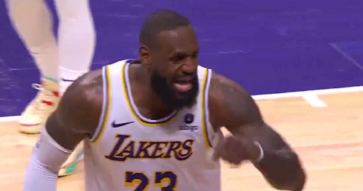 Los Angeles Lakers star LeBron James throws a fit Saturday during the team's win over the Denver Nuggets at the Staples Center in Los Angeles.