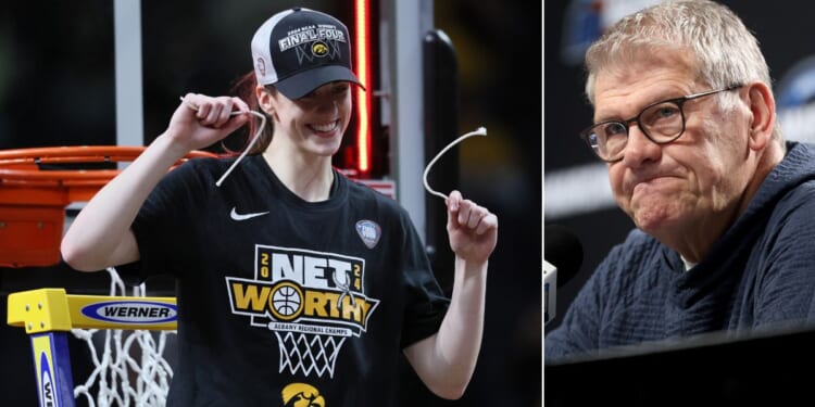 At left, Caitlin Clark of the Iowa Hawkeyes cuts down the net after beating the LSU Tigers 94-87 in the Elite Eight round of the NCAA Tournament at MVP Arena in Albany, New York, on Monday. Her next opponent is the UConn Huskies, coached by Geno Auriemma, right.