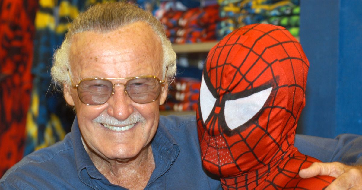 Creator Stan Lee (L) poses with Spider-Man during the Spider-Man 40th Birthday celebration at Universal Studios on August 13, 2002 in Universal City, California.