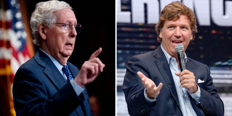 Senate Minority Leader Mitch McConnell speaks at a news conference on Capitol Hill on Tuesday in Washington, D.C. Tucker Carlson speaks during the 10X Growth Conference 2024 on April 2 in Hollywood, Florida.