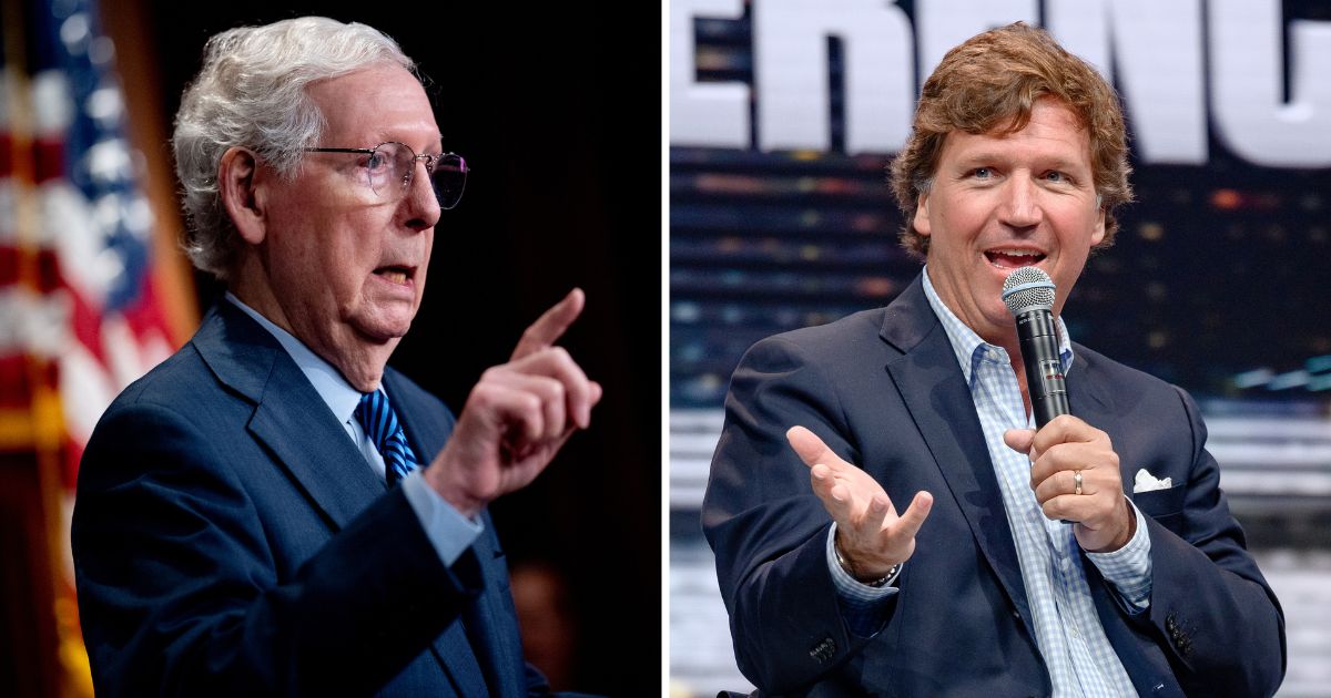 Senate Minority Leader Mitch McConnell speaks at a news conference on Capitol Hill on Tuesday in Washington, D.C. Tucker Carlson speaks during the 10X Growth Conference 2024 on April 2 in Hollywood, Florida.