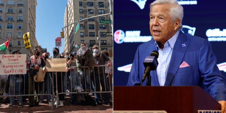 New England Patriots owner Robert Kraft, right, has announced he has pulled his funding to Columbia University After massive pro-Palestinian protests, left, have overtaken the campus.