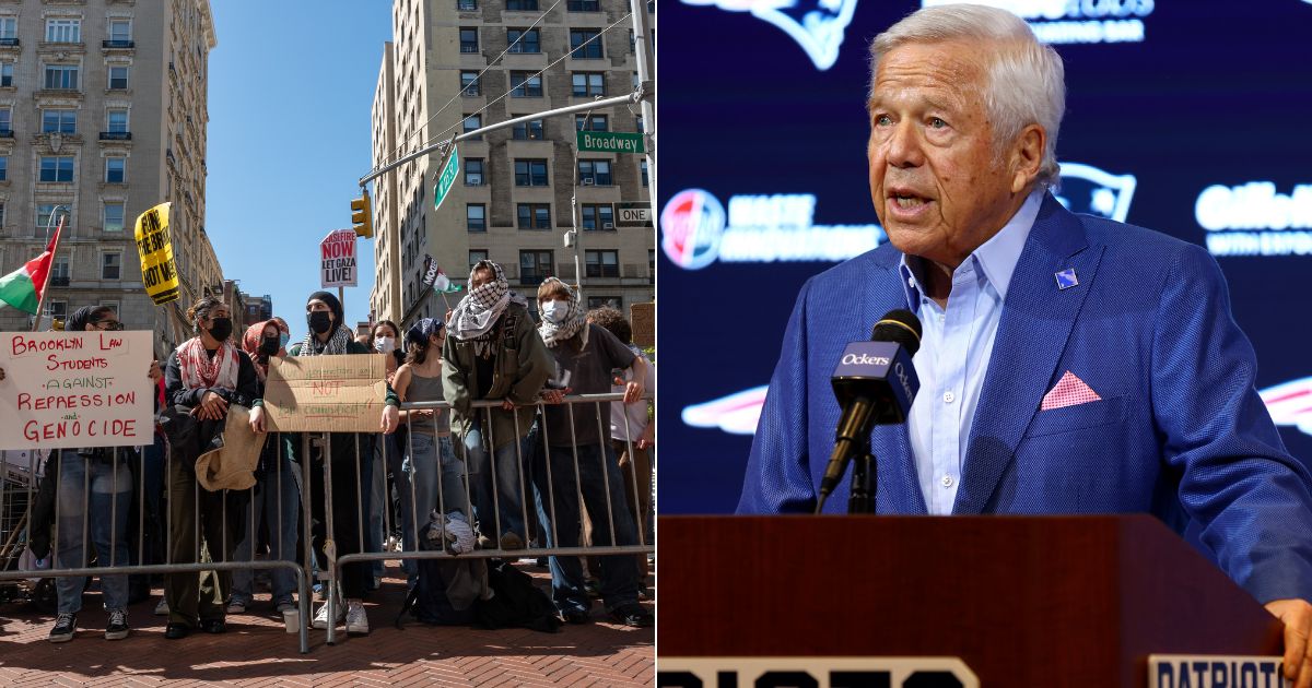 New England Patriots owner Robert Kraft, right, has announced he has pulled his funding to Columbia University After massive pro-Palestinian protests, left, have overtaken the campus.