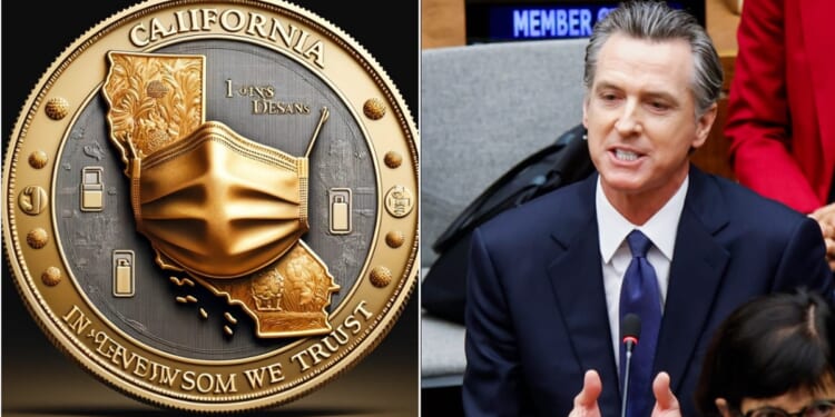 A coin with a surgical mask covering the state of California, left; California Gov. Gavin Newsom, right.