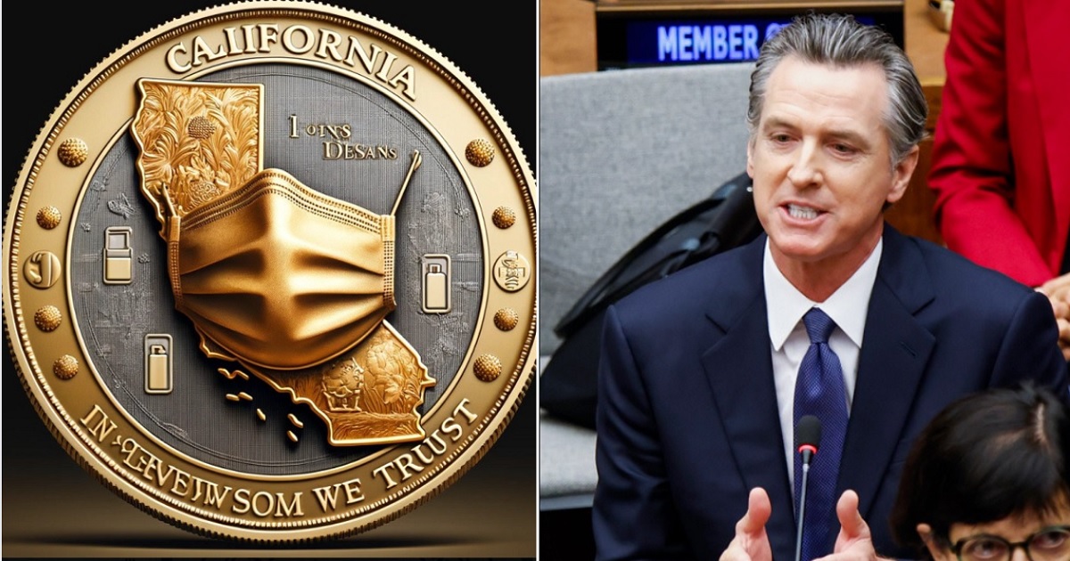 A coin with a surgical mask covering the state of California, left; California Gov. Gavin Newsom, right.