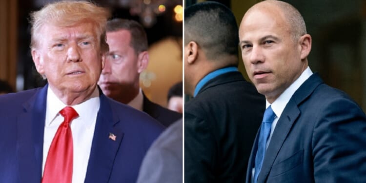 Former President Donald Trump, left, in a 2023 file photo; Michael Avenatti, former attorney for porn star Stormy Daniels, right, in a 2020 file photo after his conviction in an extortion plot.