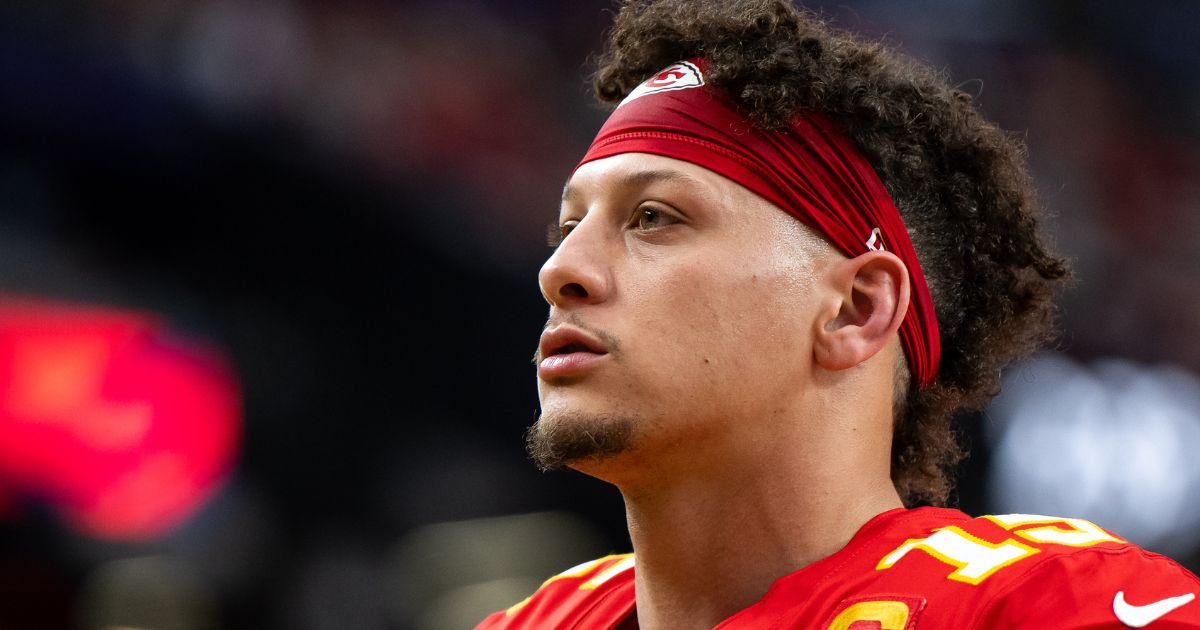 Patrick Mahomes of the Kansas City Chiefs looks on prior to Super Bowl LVIII against the San Francisco 49ers at Allegiant Stadium on Feb. 11 in Las Vegas.