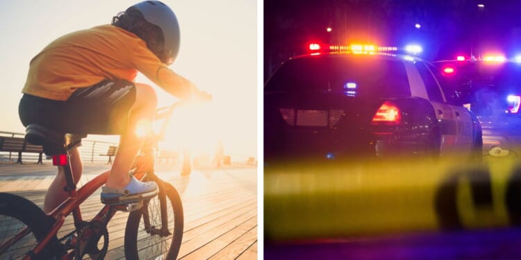 Images of a boy on a bike and flashing lights on top of a police car are shown.