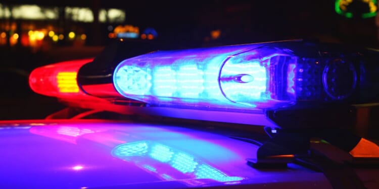 This stock image shows police lights flashing at night.