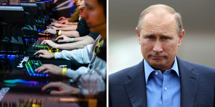 (L) Participants sit at a computer monitor to play a video game at the 2019 DreamHack video gaming festival on February 15, 2019 in Leipzig, Germany. (R) Russian President Vladimir Putin arrives at Belfast International Airport on June 17, 2013 in Belfast, Northern Ireland.