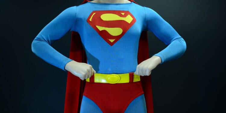 The Superman costume worn by Christopher Reeves in "Superman: The Movie" displayed at Profiles in Hisotry in Los Angeles.