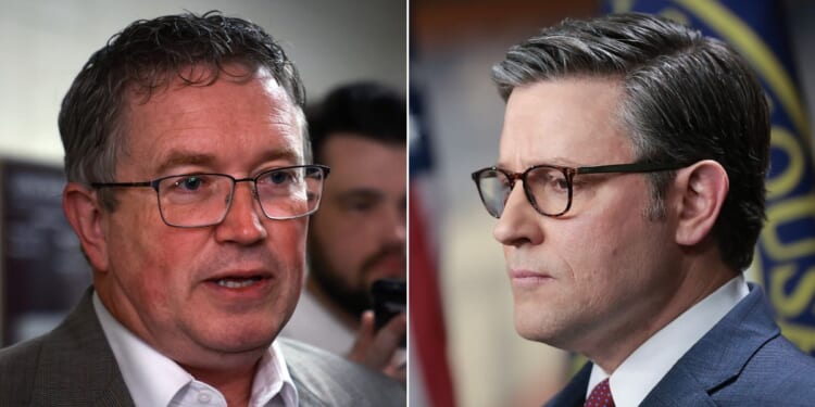 Republican Rep. Thomas Massie, left, said he has asked House Speaker Mike Johnson, right, to step down.