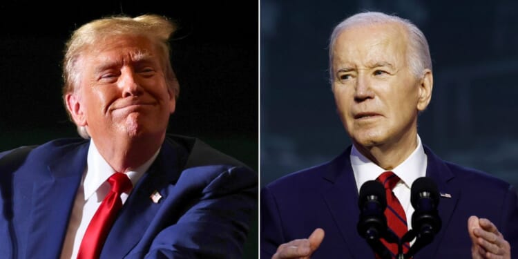 At left, Republican presidential candidate and former President Donald Trump speaks during a campaign event at Greensboro Coliseum in Greensboro, North Carolina, on March 2. At right, President Joe Biden delivers remarks at the North America's Building Trades Unions Legislative Conference at the Washington Hilton in Washington on Wednesday.