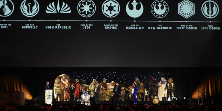 (L-R) Ali Plumb, Kathleen Kennedy, James Mangold, Dave Filoni, and Sharmeen Obaid-Chinoy onstage durng the studio panel at Star Wars Celebration 2023 in London at ExCel on April 7, 2023 in London, England.