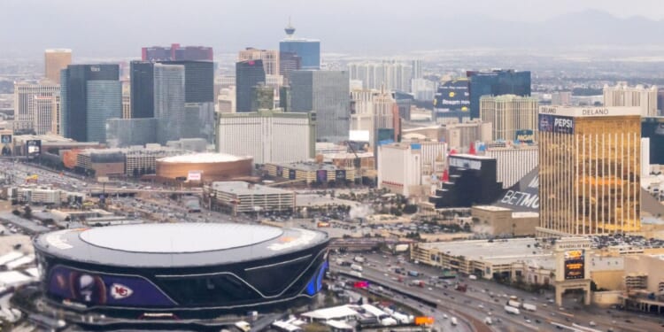 The skyline of the strip in Las Vegas is pictured ahead of Superbowl LVIII on Feb. 5.