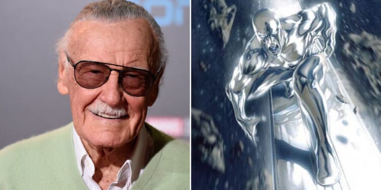 Legendary comic book creator Stan Lee alongside his most popular space-faring super hero, the Silver Surfer.