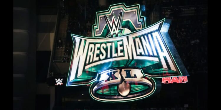 A sign for WrestleMania displayed at Toyota Center in Houston, Texas, on March 11, 2024.