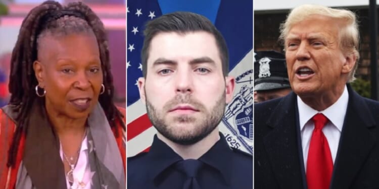 "The View" co-host Whoopi Goldberg, left; slain New York police Officer Jonathan Diller, center; former President Donald Trump, right.