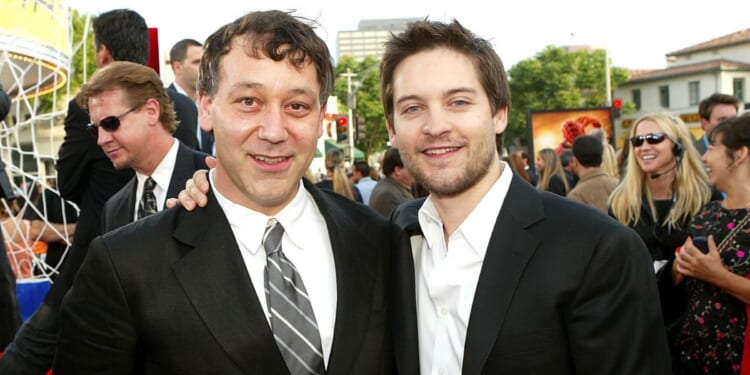 Director Sam Raimi, left, and "Spider-Man" lead actor Tobey Maguire, right, at the 2004 premiere for Sony's "Spider-Man 2" in Westwood, California.