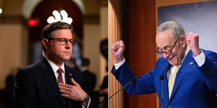 Senate Majority Chuck Schumer, right, has praised Speaker of the House Mike Johnson, left, for helping push through several bills over the weekend that will send foreign aid to several countries, including Ukraine.