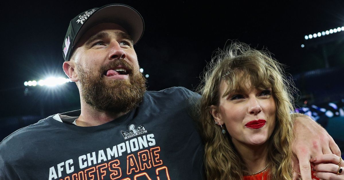 Travis Kelce, left, of the Kansas City Chiefs celebrates with Taylor Swift, right, after defeating the Baltimore Ravens in the AFC Championship Game in Baltimore, Maryland, on Jan. 28.