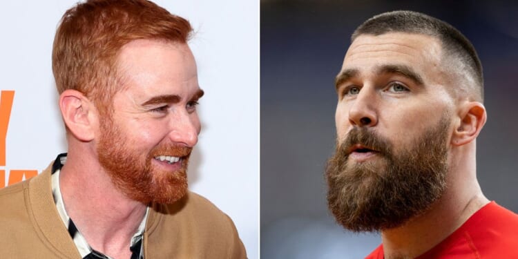 Comedian Andrew Santino, left, informed Travis Kelce that his 2019 interview had been more revealing, perhaps, than Kelce had intended.