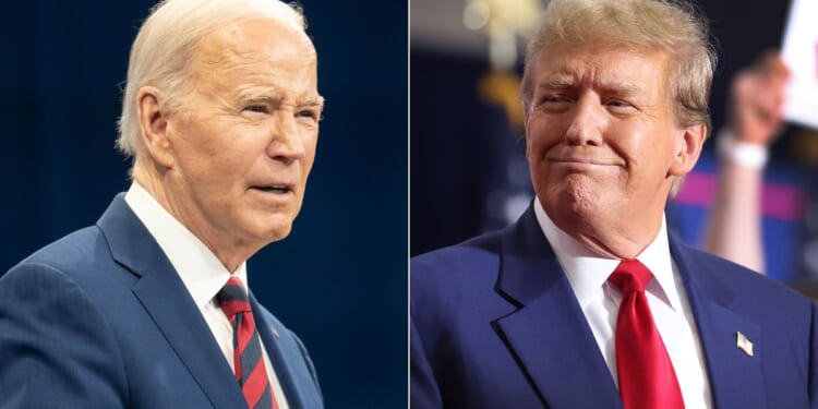 According to a new poll, former President Donald Trump, right, is leading President Joe Biden, left, in six of seven swing states.