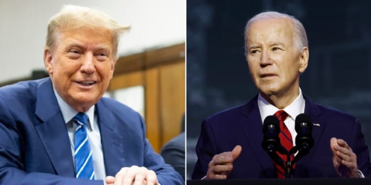 Former President Donald Trump, pictured left in a Manhattan courtroom April 16, holds a lead in national and state polls over President Joe Biden, pictured right in Washington April 24.