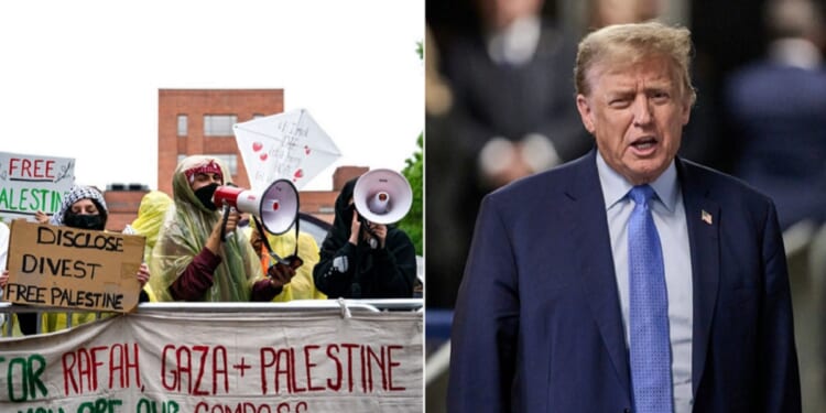 Left, activists and students demonstrate Saturday near an encampment at University Yard at George Washington University in Washington, D.C. Right, former President Donald Trump addresses reporters Friday in Manhattan.