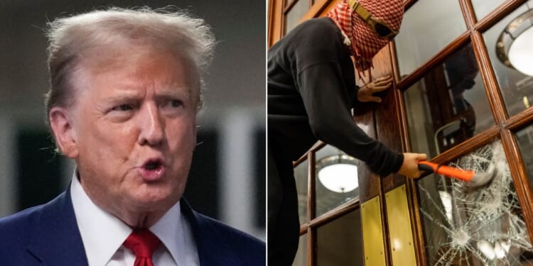 Former President Donald Trump, left, addressed the anti-Israel demonstrations at Columbia University, right, while speaking to the media outside the Manhattan Criminal Court in New York City on Tuesday.