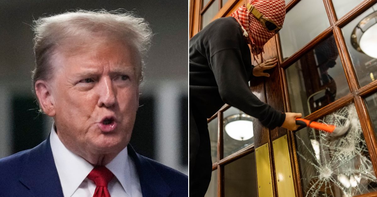 Former President Donald Trump, left, addressed the anti-Israel demonstrations at Columbia University, right, while speaking to the media outside the Manhattan Criminal Court in New York City on Tuesday.