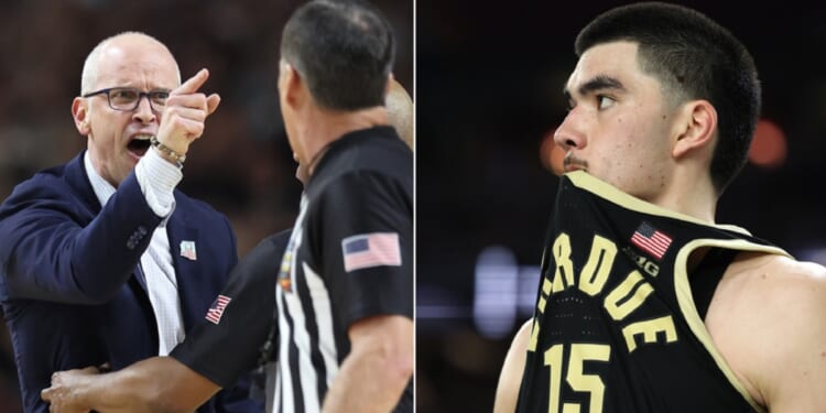 University of Connecticut Huskies coach Dan Hurley chews out an official during Monday night's NCAA championship game in Glendale, Arizona, left. Right, Purdue Boilermakers star Zach Edey is pictured after his team's loss.