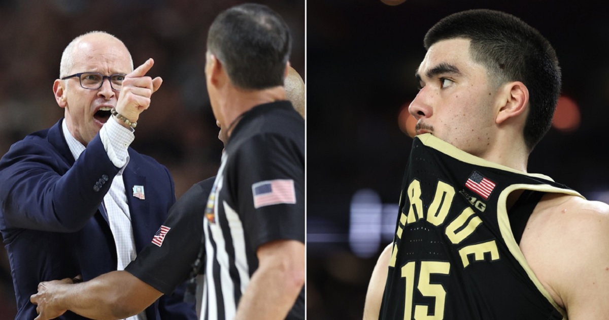 University of Connecticut Huskies coach Dan Hurley chews out an official during Monday night's NCAA championship game in Glendale, Arizona, left. Right, Purdue Boilermakers star Zach Edey is pictured after his team's loss.