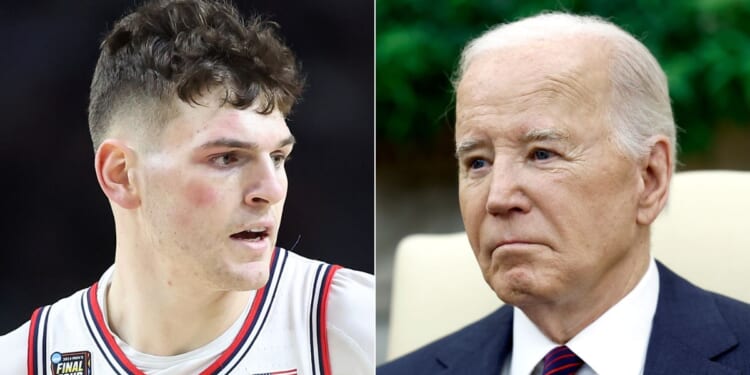 UCONN men's basketball player Donovan Clingan , left, recently recalled his visit to the White House after winning the NCAA National Championship last year. According to Clingan, President Joe Biden, right, was difficult to understand.