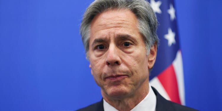 Secretary of State Antony Blinken speaks during a meeting with Ukraine's foreign minister at the NATO Alliance's headquarters in Brussels on Thursday.