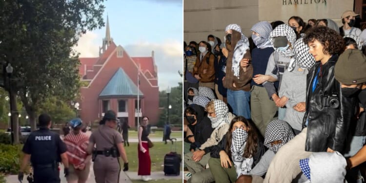 At left, anti-Israel protesters at the University of Florida in Gainesville are taken away in handcuffs. At right, anti-Israel demonstrators lock arms to block authorities from reaching fellow protesters who barricaded themselves inside Hamilton Hall at Columbia University in New York City early Tuesday.