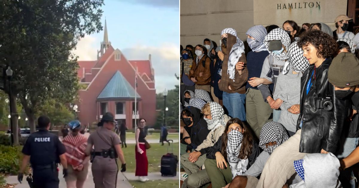 At left, anti-Israel protesters at the University of Florida in Gainesville are taken away in handcuffs. At right, anti-Israel demonstrators lock arms to block authorities from reaching fellow protesters who barricaded themselves inside Hamilton Hall at Columbia University in New York City early Tuesday.