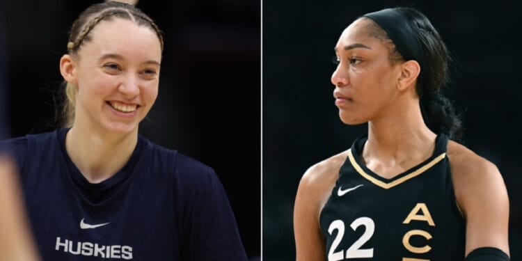 Paige Bueckers, left, of the Connecticut Huskies women's basketball team; right, A'ja Wilson of the Las Vegas Aces Women's NBA team.