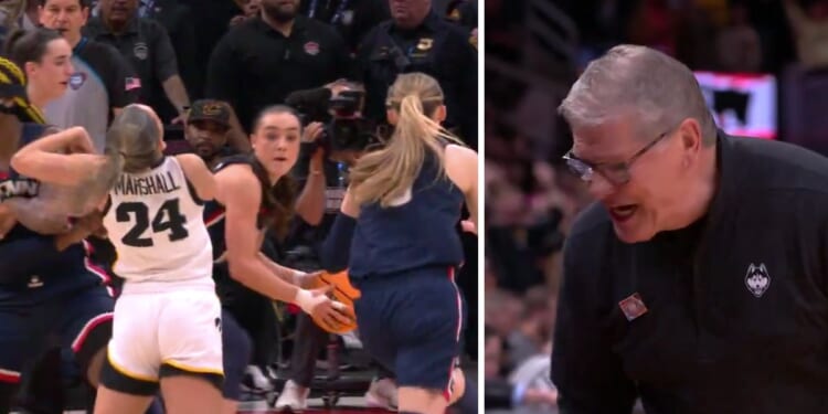 With just over three seconds left in the game, officials called a foul on the University of Connecticut, which led to a 71-69 loss against the University of Iowa in Friday's Final Four game. UConn coach Geno Auriemma, at right, protested the call.